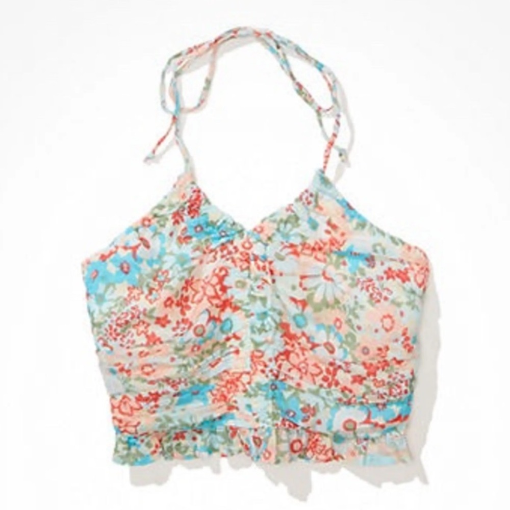 American Eagle Outfitters Pink and Blue Ruched Camisole